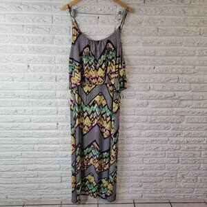 Rouge Women 3X Plus Maxi Dress Geometric Ruffle Sleeveless Long GEO11E